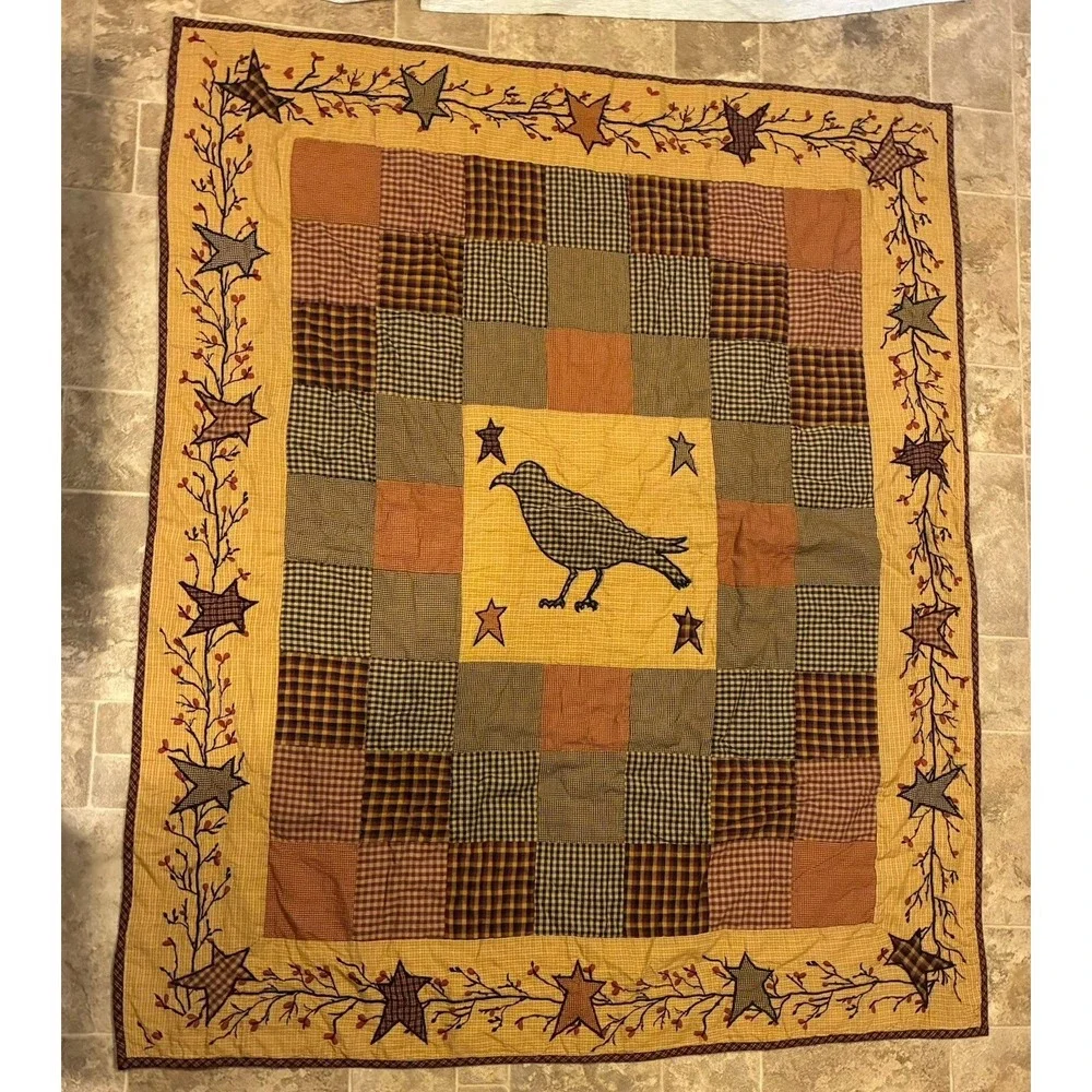 Heritage Farms Applique Crow & Star Quilted 100% Cotton Throw Blanket Primitive